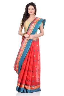 Light Red Hand Woven Cotton Saree Without Blouse