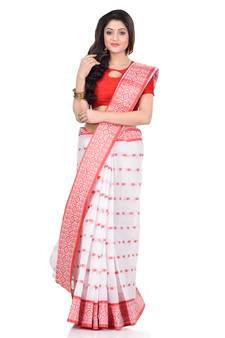 White hand woven cotton saree 