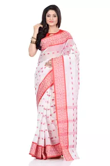 White hand woven cotton saree 