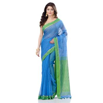   sky blue hand woven cotton saree with blouse 1
