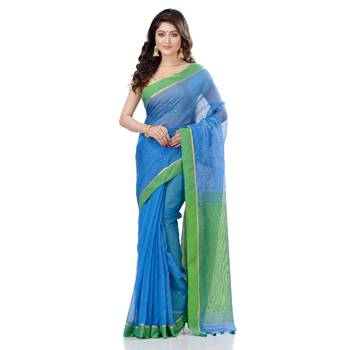  sky blue hand woven cotton saree with blouse 2