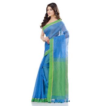   sky blue hand woven cotton saree with blouse 3