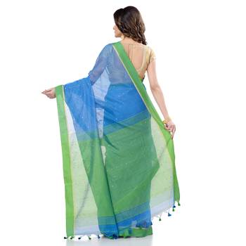   sky blue hand woven cotton saree with blouse 5