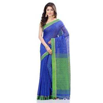   dark blue hand woven cotton saree with blouse 1