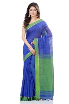   dark blue hand woven cotton saree with blouse