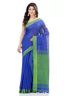   dark blue hand woven cotton saree with blouse