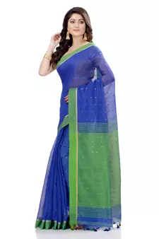   dark blue hand woven cotton saree with blouse