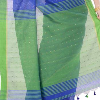   dark blue hand woven cotton saree with blouse 4