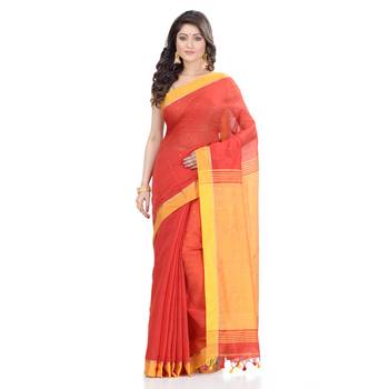Red hand woven cotton saree with blouse 1