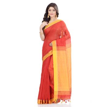 Red hand woven cotton saree with blouse 2