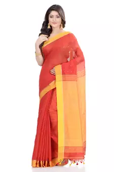 Red hand woven cotton saree with blouse