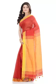 Red hand woven cotton saree with blouse