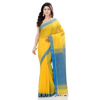 Yellow hand woven cotton saree with blouse 1