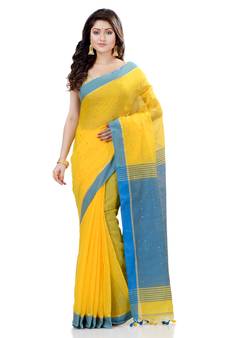 Yellow hand woven cotton saree with blouse