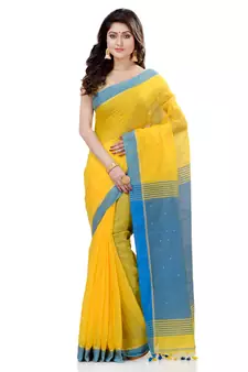 Yellow hand woven cotton saree with blouse