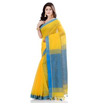 Yellow hand woven cotton saree with blouse 3