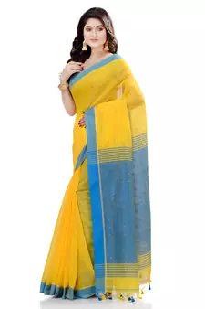 Yellow hand woven cotton saree with blouse