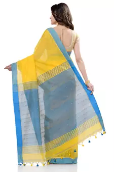 Yellow hand woven cotton saree with blouse