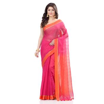 Pink hand woven cotton saree with blouse 1