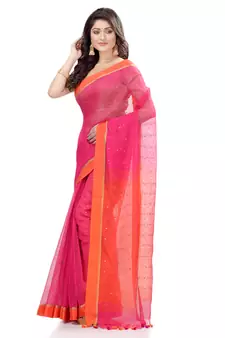 Pink hand woven cotton saree with blouse