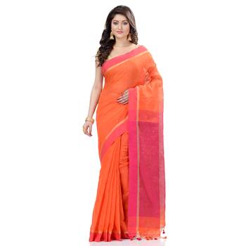 Orange hand woven cotton saree with blouse 1