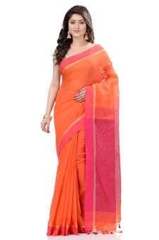 Orange hand woven cotton saree with blouse