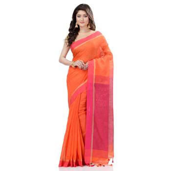 Orange hand woven cotton saree with blouse 2