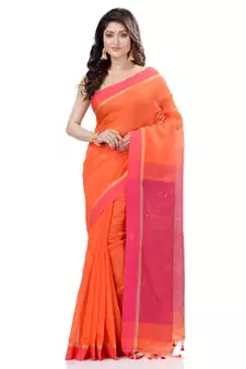 Orange hand woven cotton saree with blouse