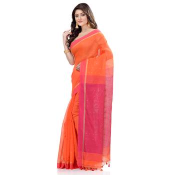Orange hand woven cotton saree with blouse 3