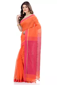 Orange hand woven cotton saree with blouse