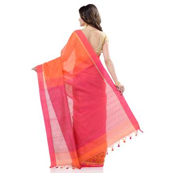 Orange hand woven cotton saree with blouse 4
