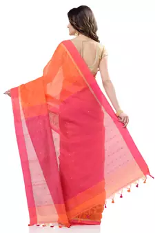 Orange hand woven cotton saree with blouse