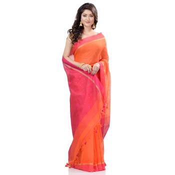 Orange hand woven cotton saree with blouse 5