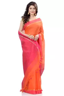 Orange hand woven cotton saree with blouse