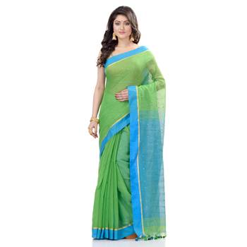 Green hand woven cotton saree with blouse 1