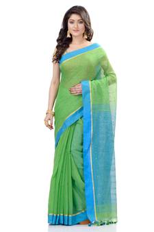 Green hand woven cotton saree with blouse