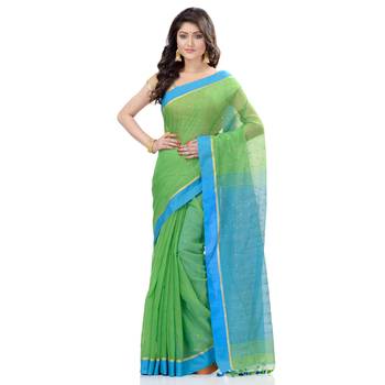 Green hand woven cotton saree with blouse 2