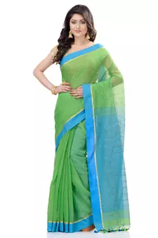 Green hand woven cotton saree with blouse