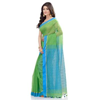 Green hand woven cotton saree with blouse 3