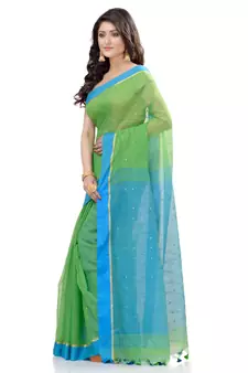 Green hand woven cotton saree with blouse