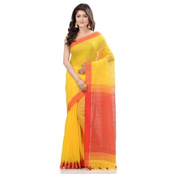 Yellow hand woven cotton saree with blouse 1