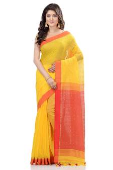 Yellow hand woven cotton saree with blouse
