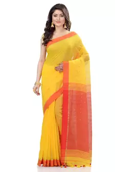 Yellow hand woven cotton saree with blouse