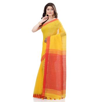 Yellow hand woven cotton saree with blouse 3