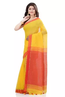 Yellow hand woven cotton saree with blouse