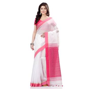 White hand woven cotton saree with blouse 1