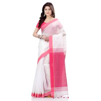 White hand woven cotton saree with blouse 2