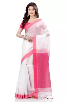White hand woven cotton saree with blouse