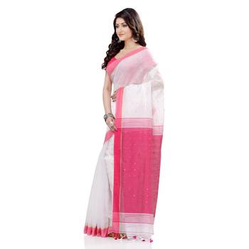 White hand woven cotton saree with blouse 3