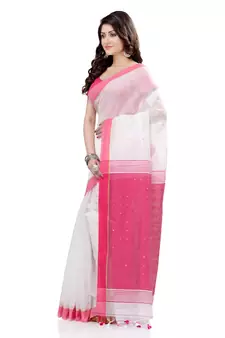 White hand woven cotton saree with blouse